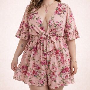 SHEIN Pink Floral Tie-Front Romper